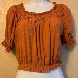 ZARA Cropped-Off-the-shoulder Smocked Blouse